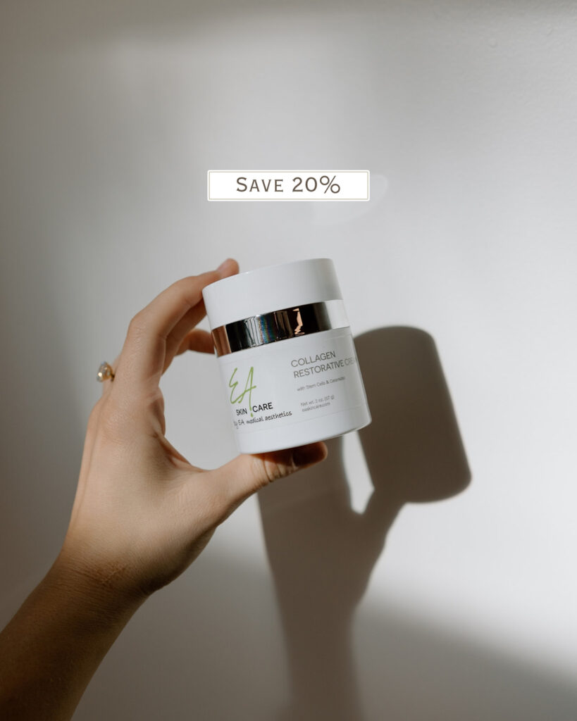 A woman holds a jar of EA Skincare Collagen Restorative Cream above the jar it reads Save 20%