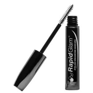 A tube of RapidGlam is open with the brush end of the wand leaning against the tube